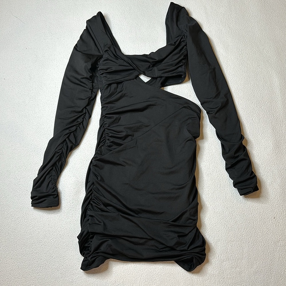 Oh Polly Black Ruched Cutout Mini Dress